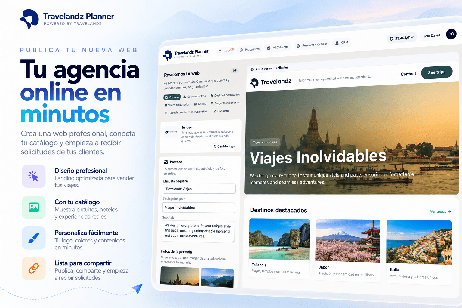 Editor de la web de una agencia con marca, destinos y catálogo.